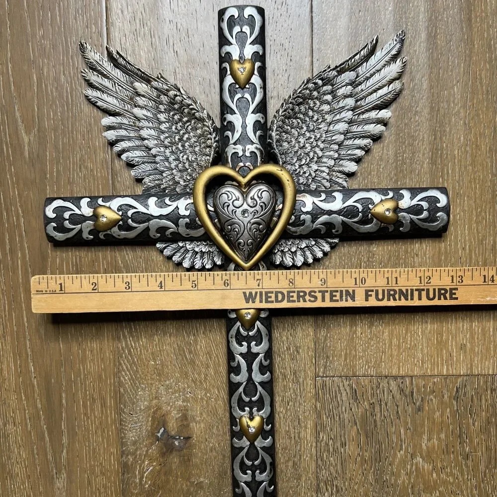 Angel Wings Cross Wall Hanging Resin Silver Gold Spiritual Religious Decor 20